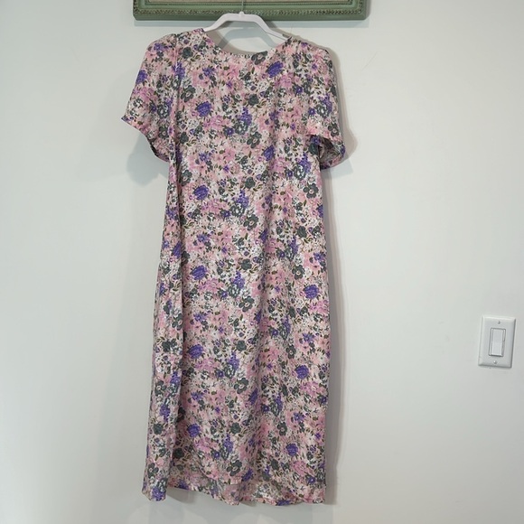Vintage pink short puff sleeve midi day dress purple white floral print - Picture 5 of 7